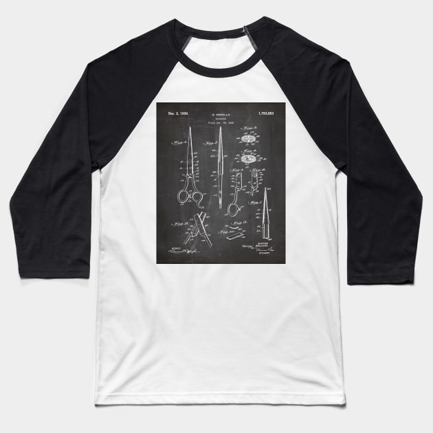 Hair Scissors Patent - Salon Art - Black Chalkboard Baseball T-Shirt by patentpress